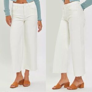 RISEN White Cropped Tummy Control Raw Hem Wide-Leg Jeans